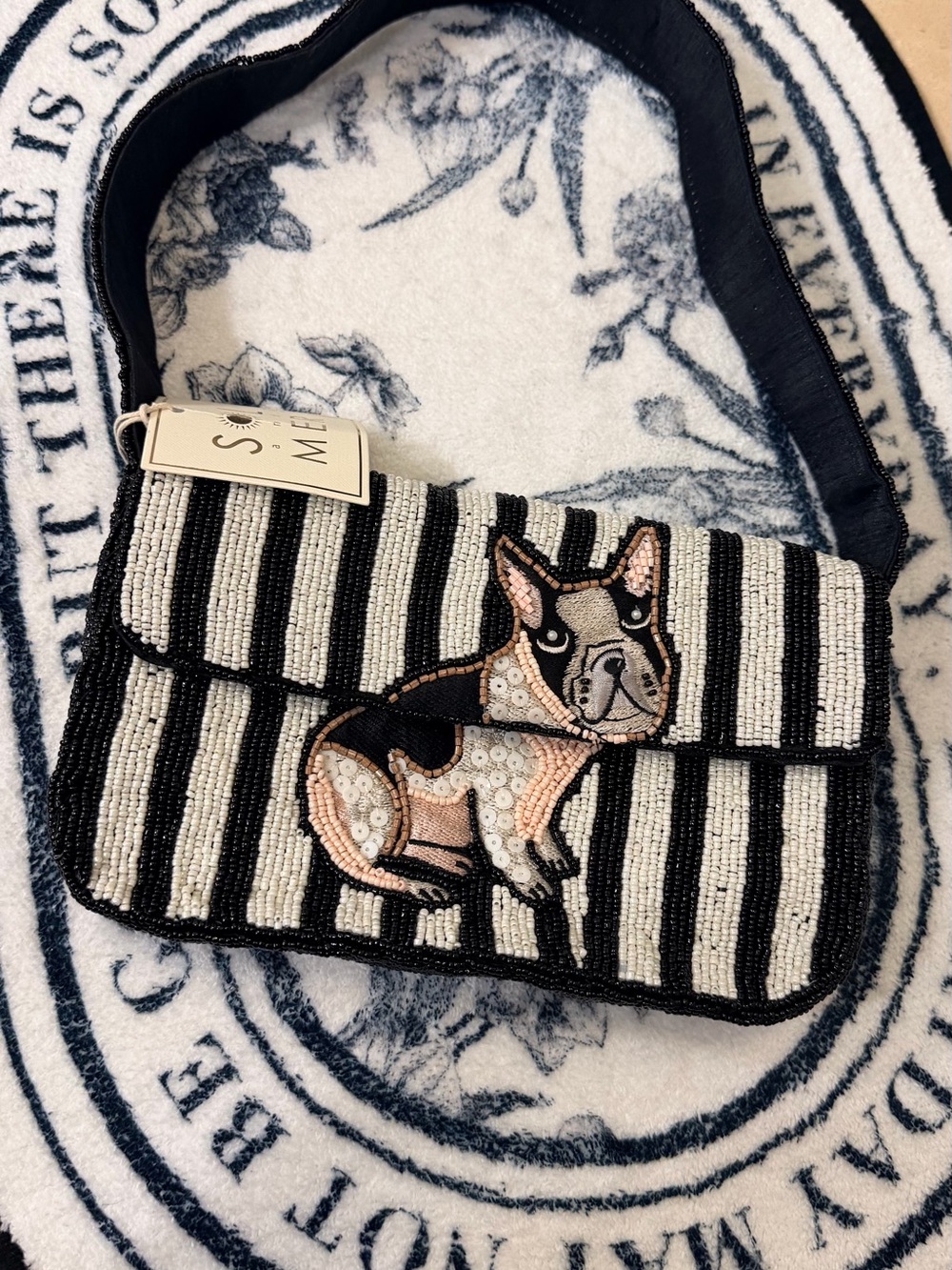 Striped Black & White Beaded Shoulder Bag with Dog Applique